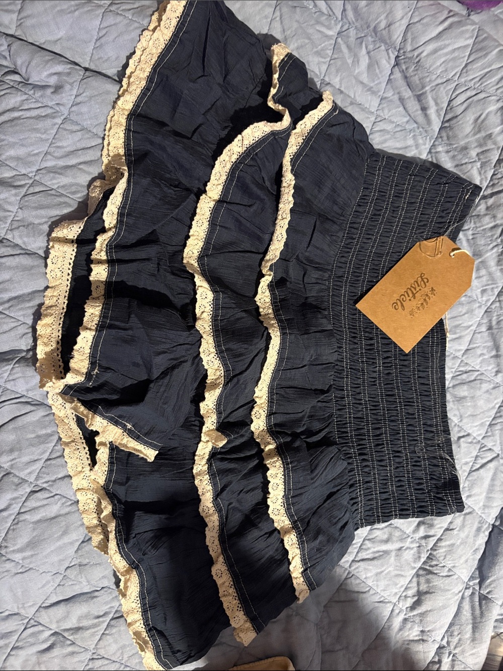 Smocked Navy Ruffled Skort with Cream Lace Trim